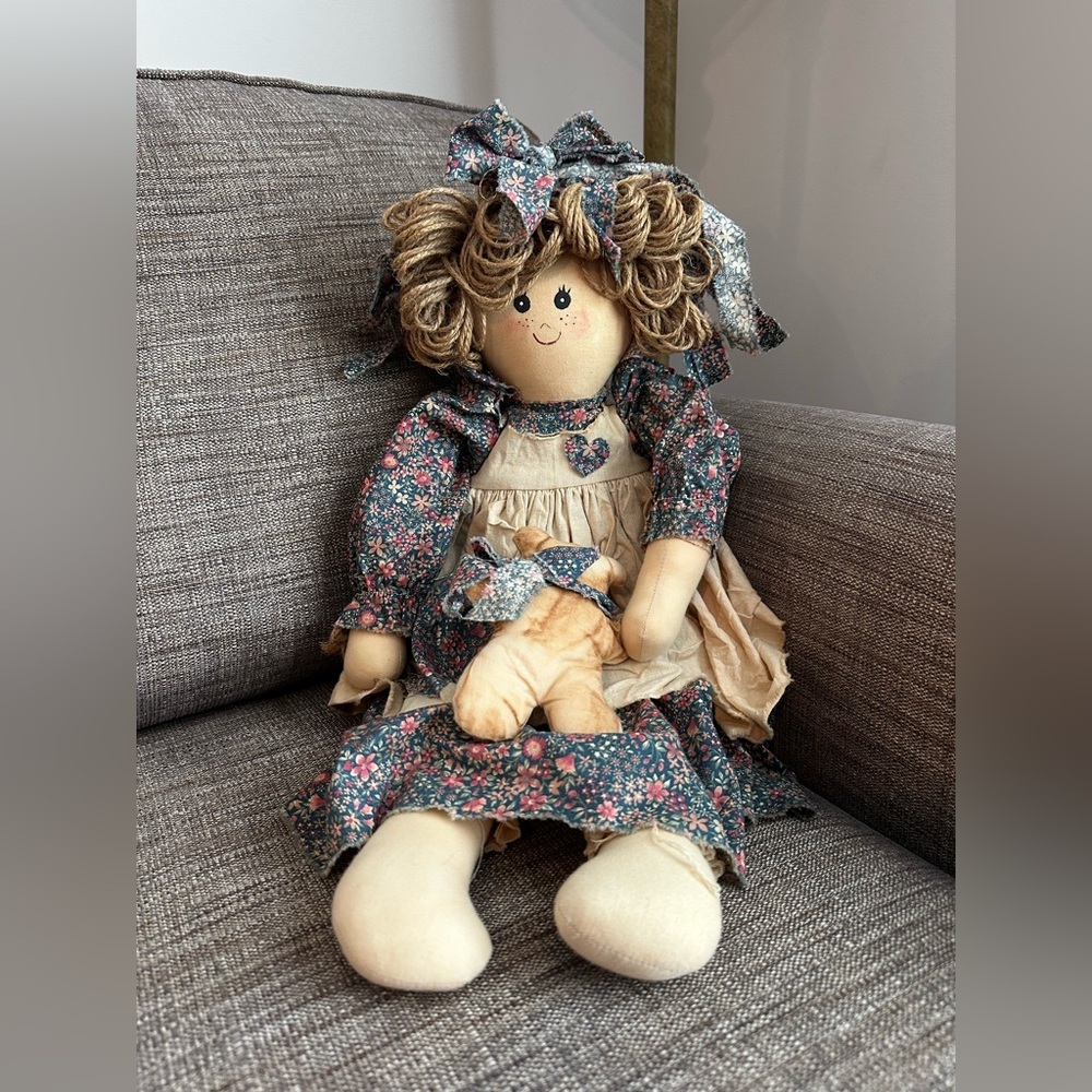Vintage Floral Rag Doll with Bow